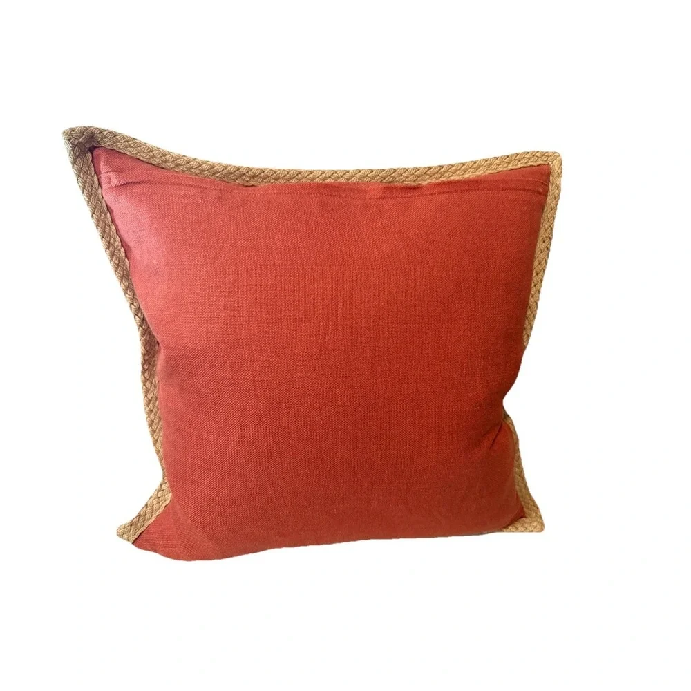 2x Pottery‎ Barn 20x20 Linen Pillows Coral Terracotta Unique Sage Jute Trim Zip